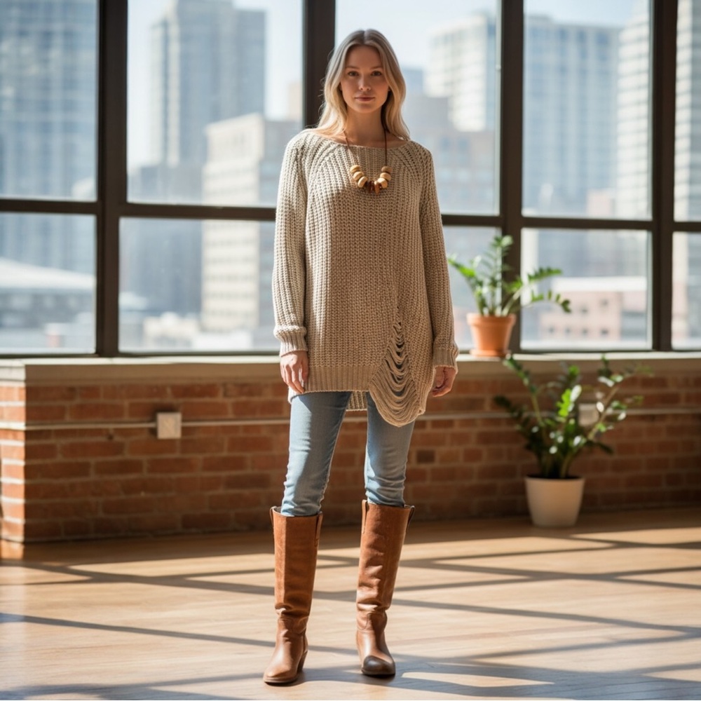 Pippa Lynn Distressed Chunky Knit Sweater One Size Beige Oversized Boho